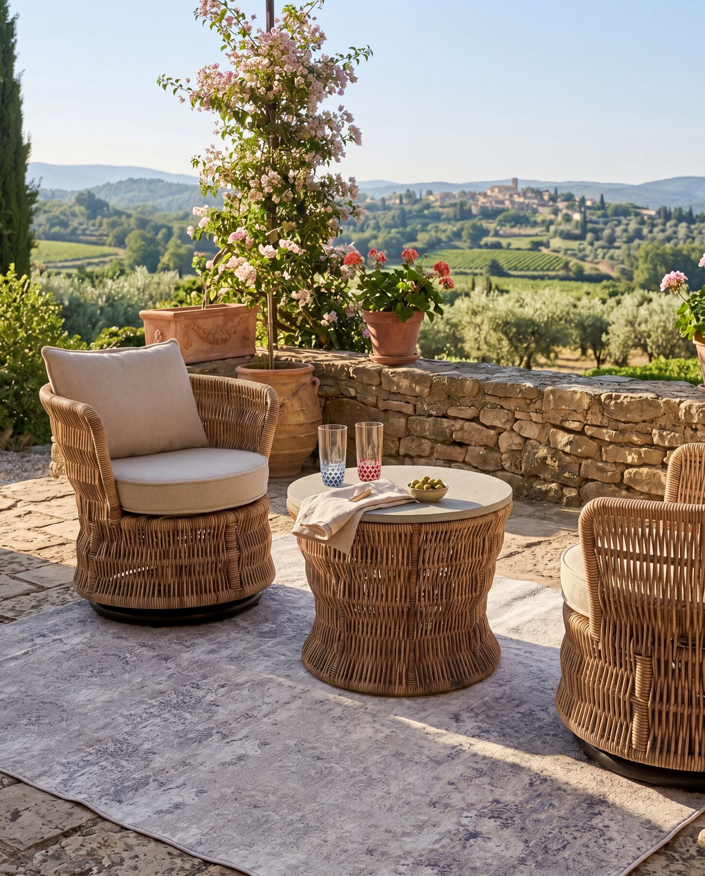La ligne outdoor, les fauteuils Jolene face aux collines